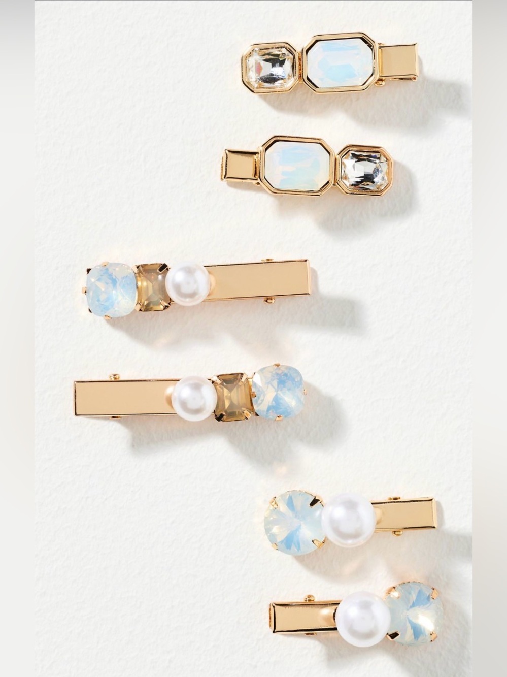 Anthropologie Gemstone Barrettes NWT Gold Pearl/Clear Set-Six Special Occassion